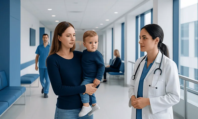 Pediatric consultation at Acibadem Hospital with doctor and mother with child.