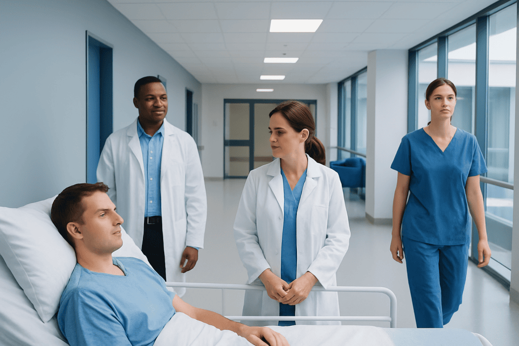 Todd's Paresis — Explained by Medical Evidence, Not Myths 1 Medical team consulting a patient in hospital corridor at Acibadem Hospitals.