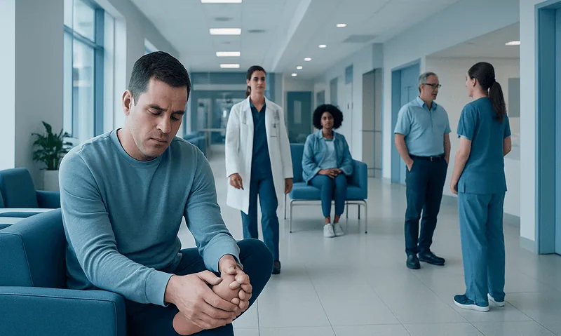 Patient experiencing foot pain in a hospital corridor with medical staff nearby.