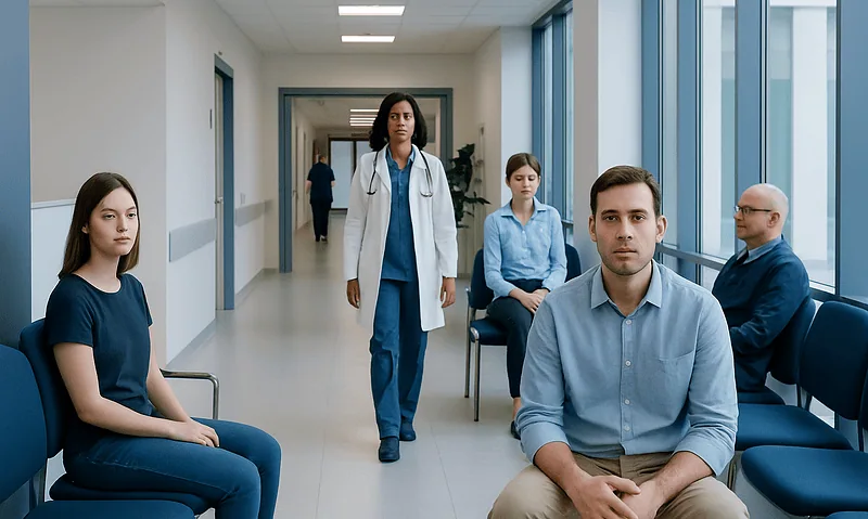 Medical team waiting in hospital corridor for patient consultation.