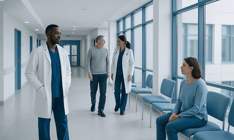 Medical professionals and patient in hospital corridor at Acibadem Hospitals Group.