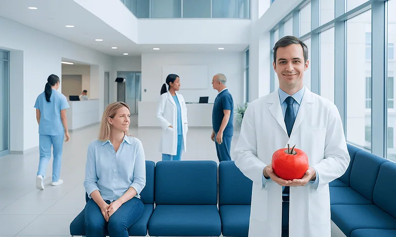 Doctor holding a tomato in a hospital lobby with patients and staff.