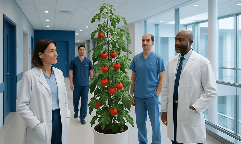 Medical team inspecting a tomato plant in a hospital corridor.