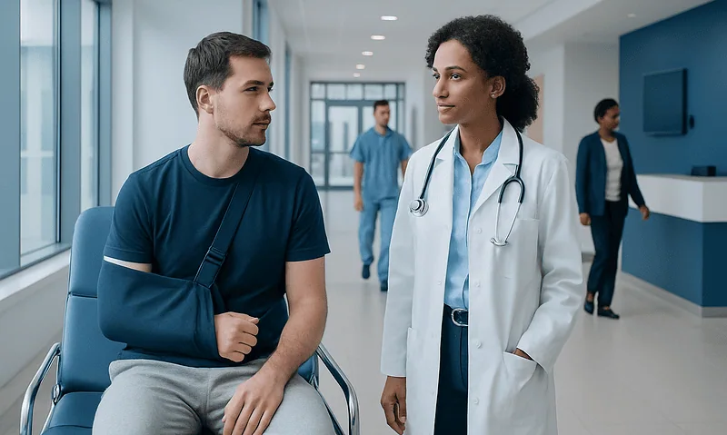 Tommy John Surgery: Benefits, Risks, and Recovery — A Complete Guide 10 Patient consulting with doctor in hospital corridor.