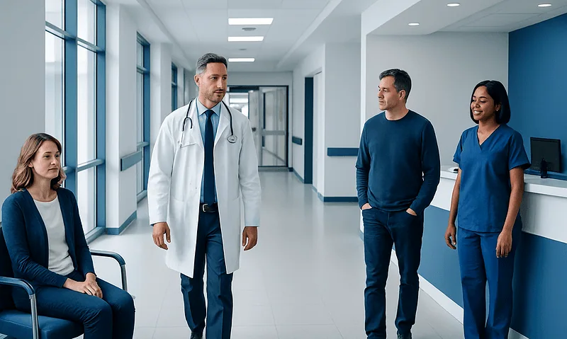 Doctor talking to patients in hospital corridor at Acibadem Hospitals Group.