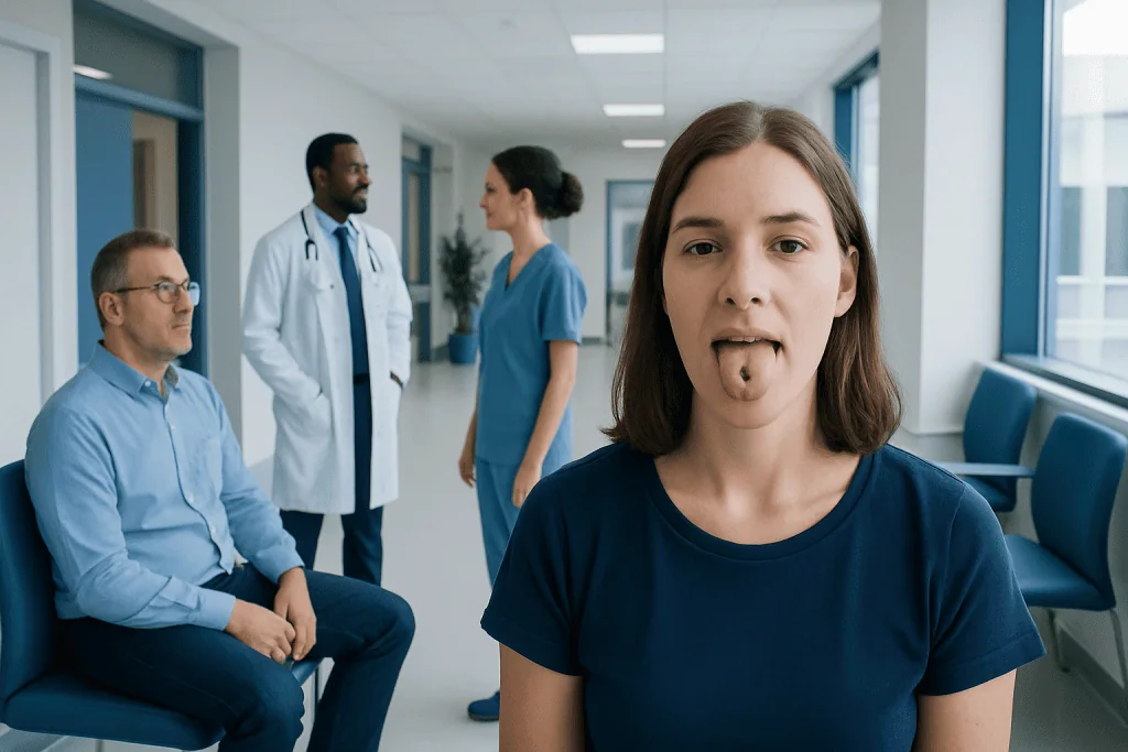 Tongue Piercing Piercing: What Patients Need to Know 1 Young woman with tongue piercing in a medical consultation setting.