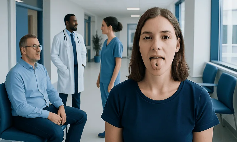 Young woman with tongue piercing in a medical consultation setting.