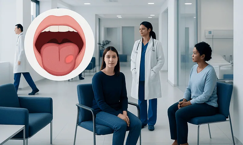 Health Library 14 Patient consultation about tongue ulcers in a hospital setting.