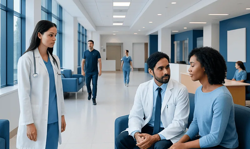 Medical consultation in a modern hospital corridor with doctors and patient.
