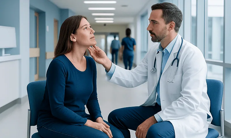 Doctor examining a woman's throat in a hospital corridor.
