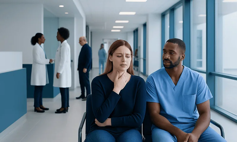 Patient experiencing throat discomfort in a hospital waiting area.