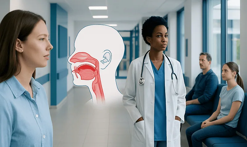 Medical consultation on tonsil health with doctor and patients in hospital corridor.
