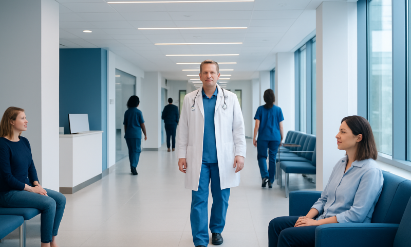 Healthcare professionals and patients in a modern hospital corridor.