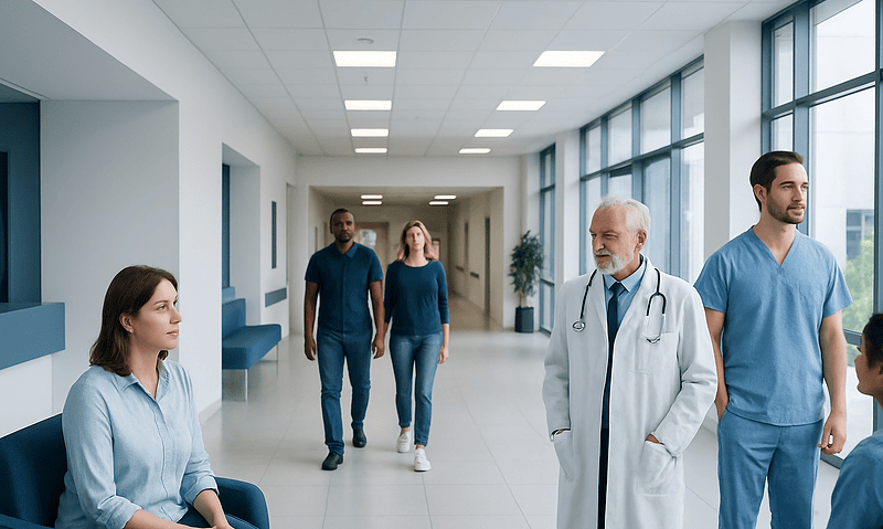 Medical team and patient in hospital corridor at Acibadem Hospitals Group.