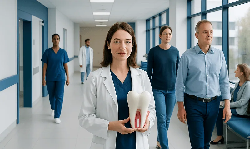 Dental professional holding a model of a tooth in a hospital corridor.