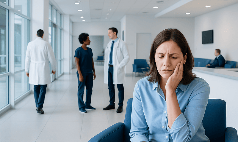 Woman with tooth pain in a hospital waiting area with medical staff nearby.