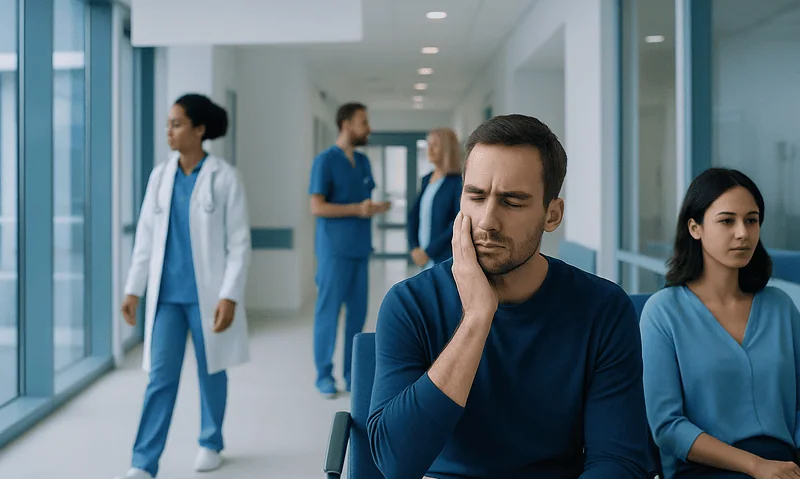 Patient experiencing tooth pain in a hospital corridor with medical staff nearby.
