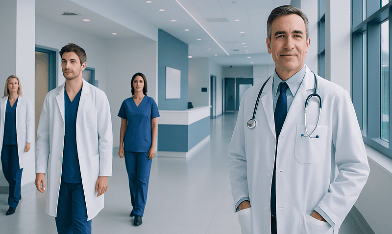Medical team walking in hospital corridor at Acibadem Hospitals Group.