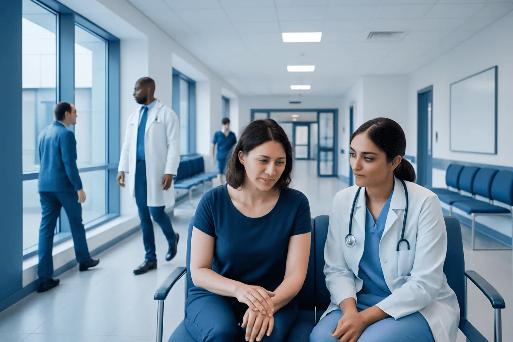 Topical Pain Relief Explained: Common Triggers and Red Flags 1 Medical consultation in a modern hospital corridor with healthcare professionals and patient.