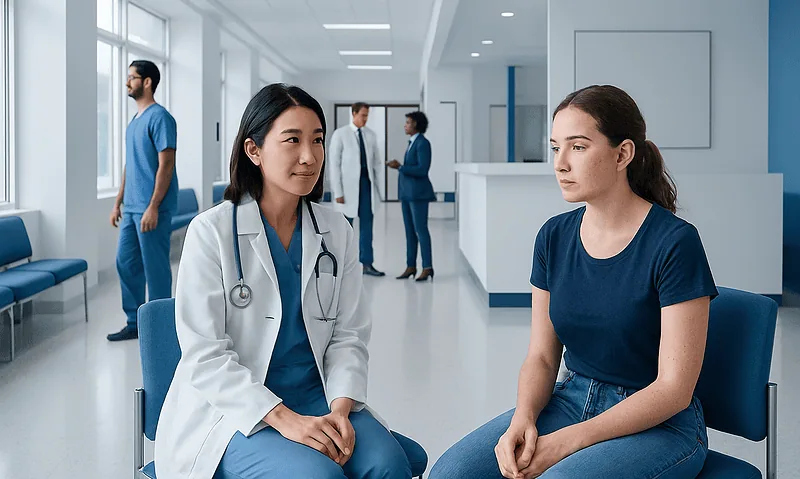Doctor consulting a patient in a modern hospital waiting area.