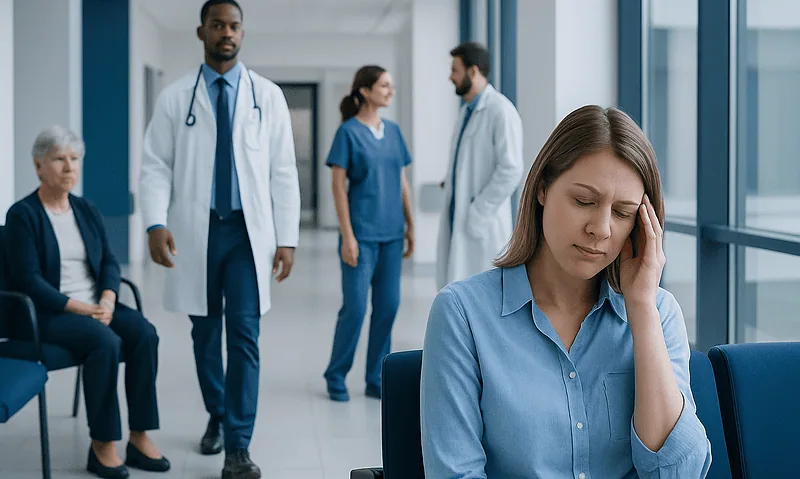 Young woman experiencing headache in hospital waiting area with medical staff nearby.