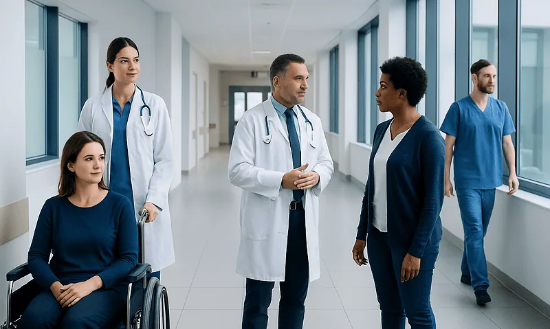 Medical team discussing patient care in hospital corridor.