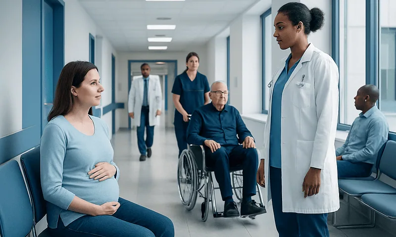 Understanding Torch Infections: A Complete Patient Guide 16 Pregnant woman consulting with doctor in hospital corridor.