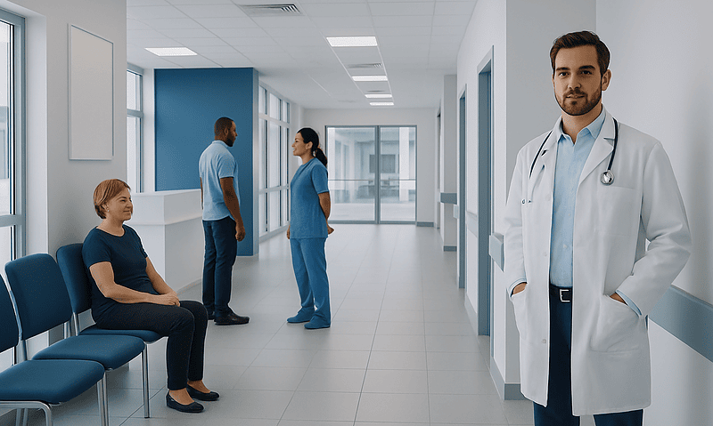 Total Cholesterol Blood Test: What Low and High Levels Mean — and What to Do Next 15 Doctor waiting in hospital corridor with patient and staff in background.
