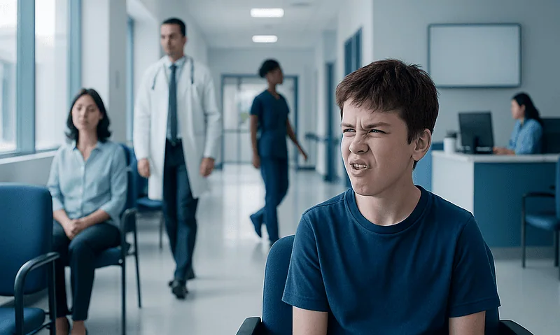 Child with tics in a hospital waiting area with medical staff nearby.