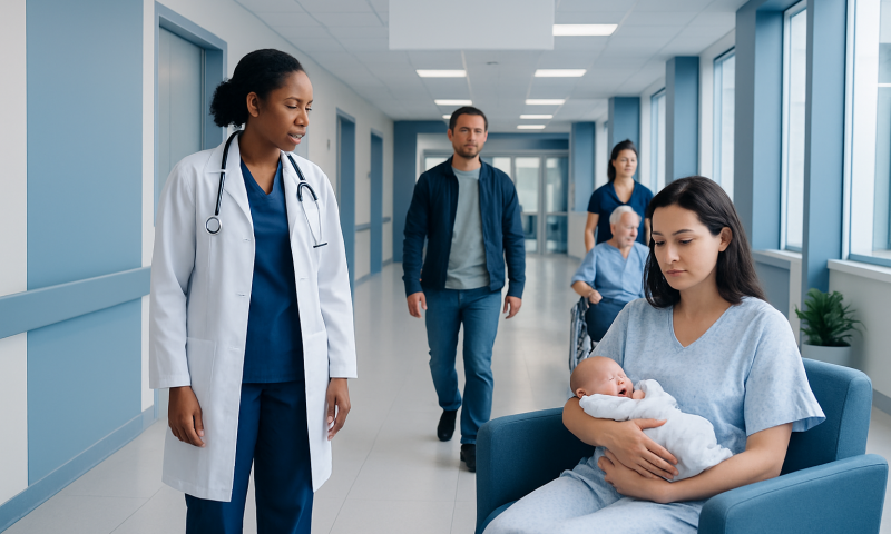 Hospital corridor with a nurse, new mother, and patients.