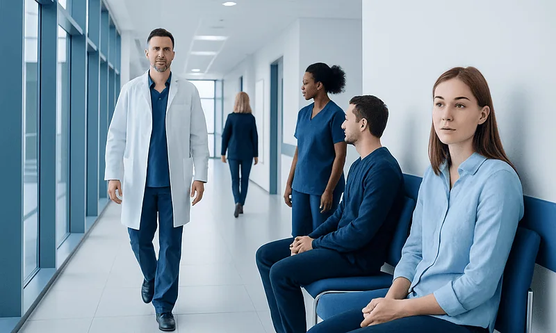 Medical team waiting area at Acibadem Hospitals Group with healthcare professionals.