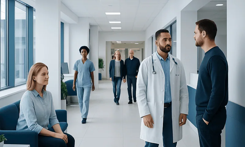 Medical staff and patients in a modern hospital corridor.