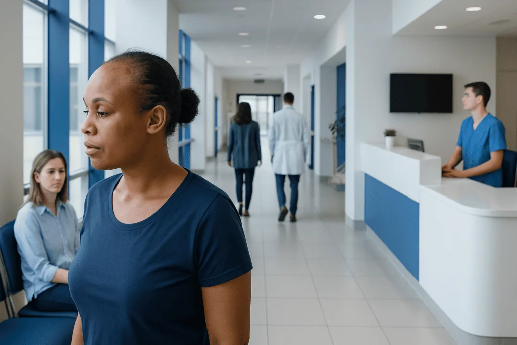 Traction Alopecia — Explained by Medical Evidence, Not Myths 1 Woman with traction alopecia in a hospital corridor.