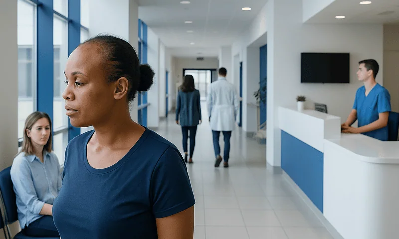 Woman with traction alopecia in a hospital corridor.
