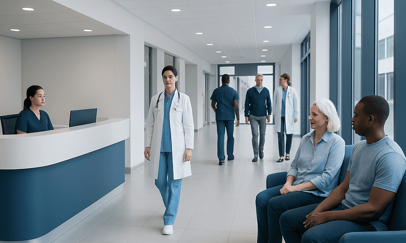 Modern hospital corridor with medical staff and patients in a healthcare facility.