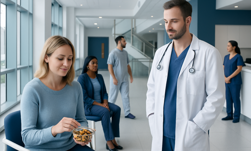 Doctor talking to a woman patient in a hospital corridor.