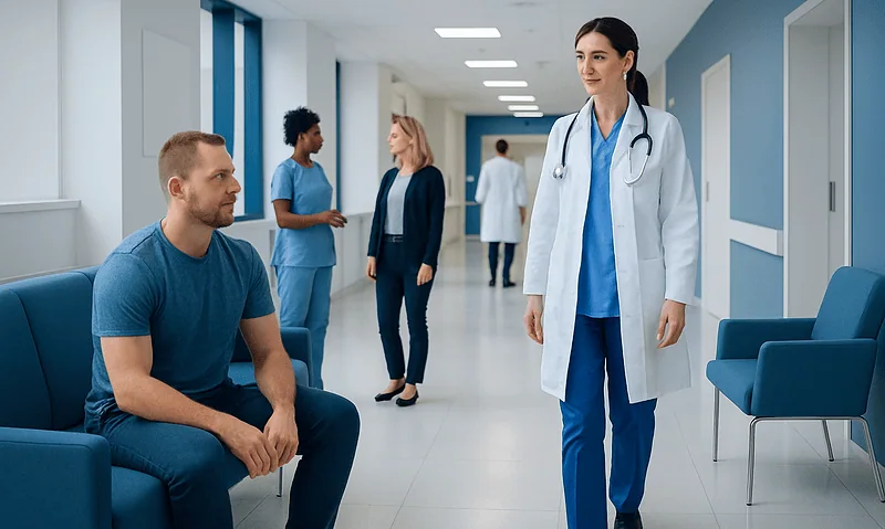 Doctor talking to patient in hospital corridor with medical staff in background.