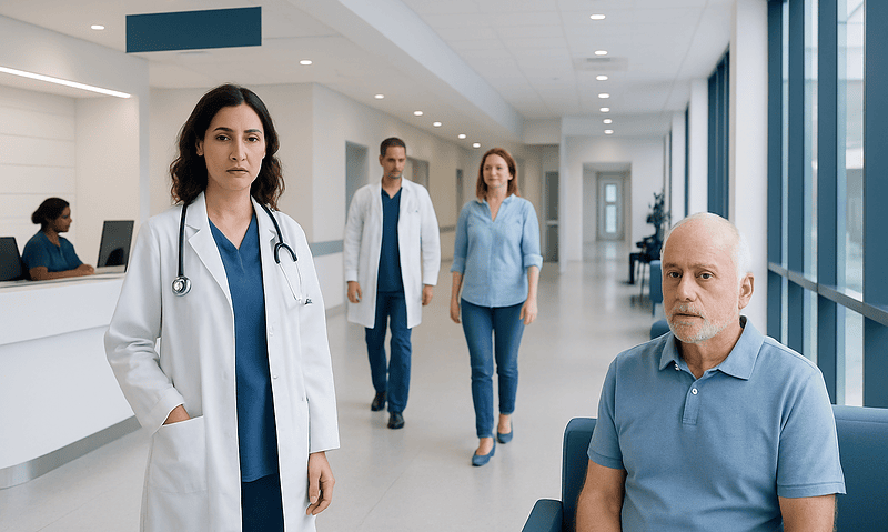 Medical staff and patient in a modern hospital corridor.