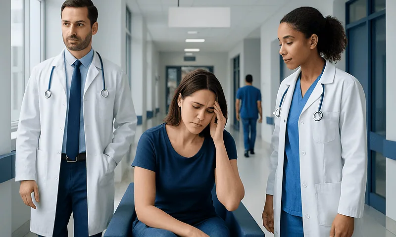 Patient experiencing headache with doctors in hospital corridor.