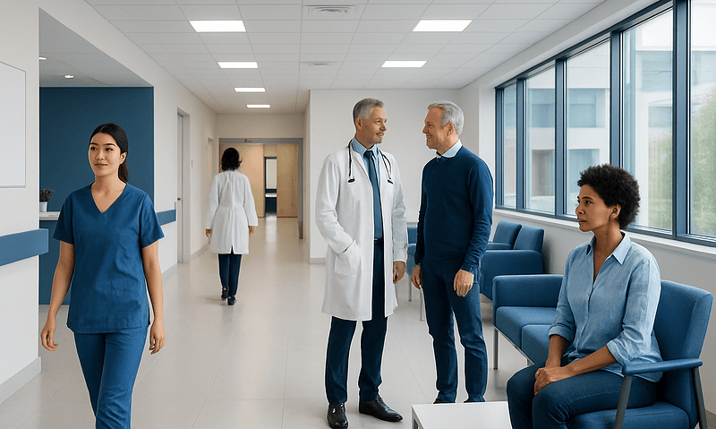 Medical professionals and patients in a modern hospital corridor.