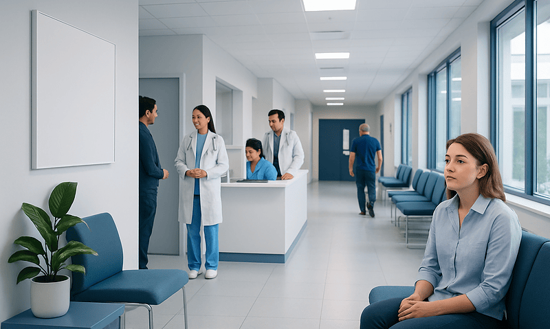 Patients and healthcare professionals in a modern hospital corridor.