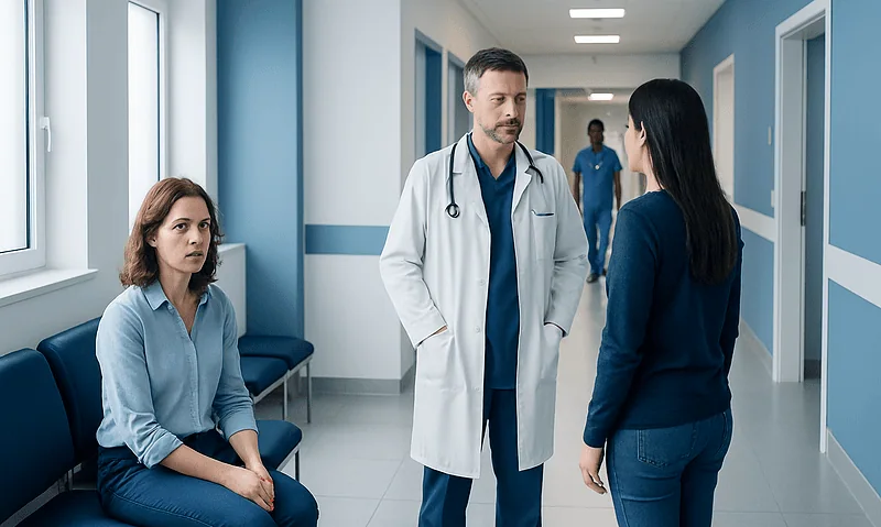Doctor consulting with a patient in a hospital corridor.