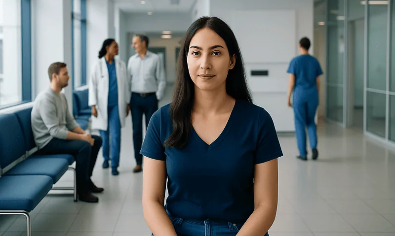 Young female healthcare professional in hospital corridor with colleagues.