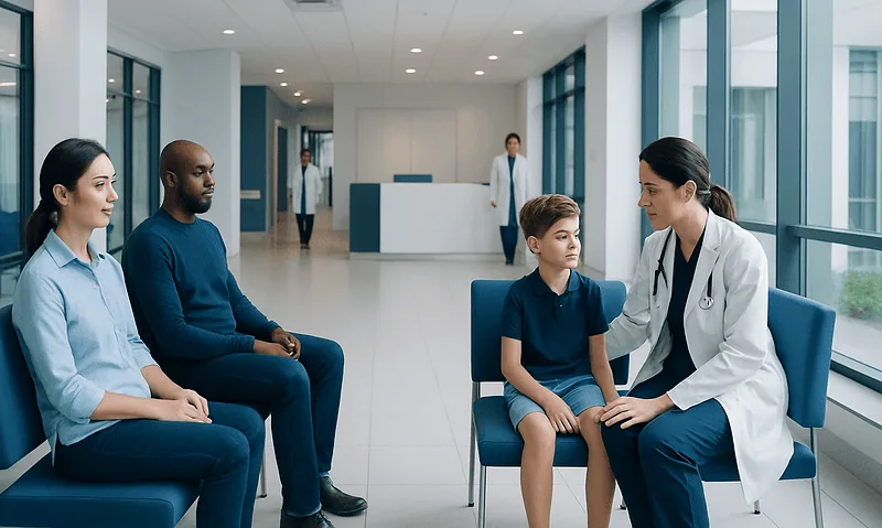 Doctor consulting young patient in hospital corridor with waiting family.