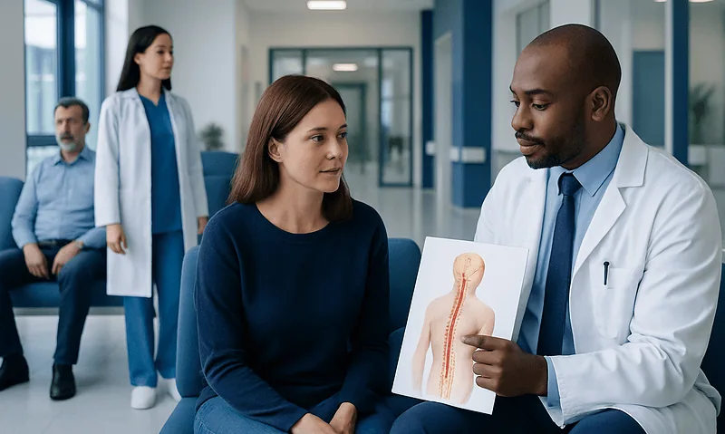 Doctor explaining spinal anatomy to a patient in a hospital corridor.