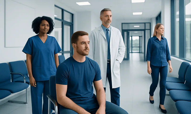 Medical team in hospital corridor with patient and staff members.