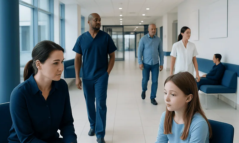 Medical professionals and a young girl in a hospital waiting area.