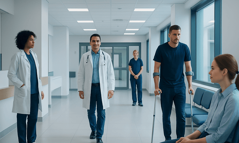 Hospital corridor with medical staff and a patient using crutches.