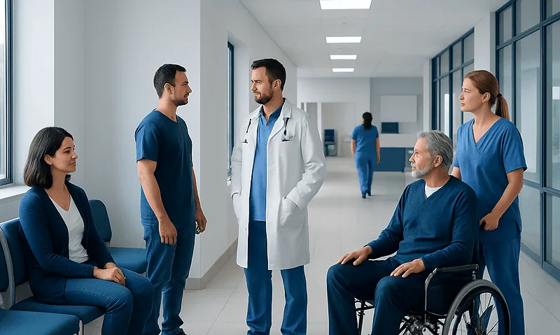 Medical team consulting with patient in hospital corridor.