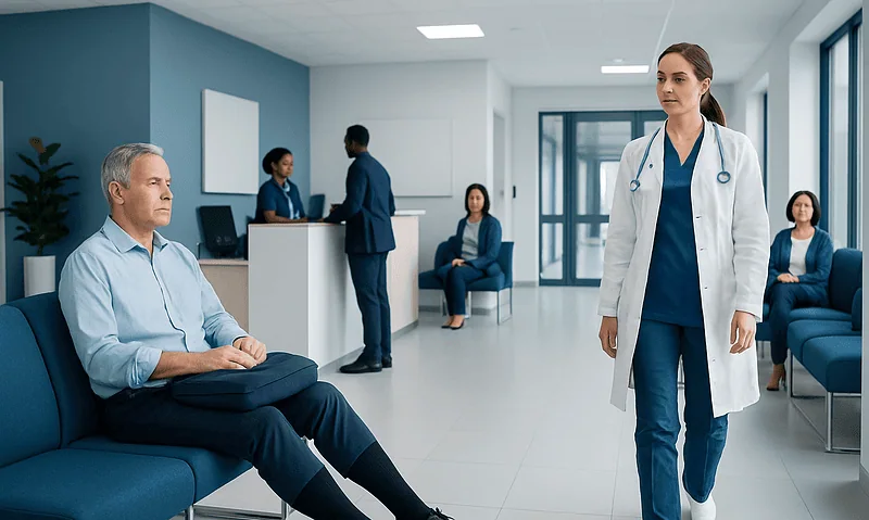 Doctor consulting with patient in hospital waiting area.